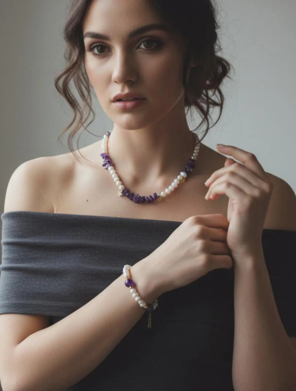 Amethyst and Pearl Natural Stone and 925 Silver Necklace / Bracelet — image 3