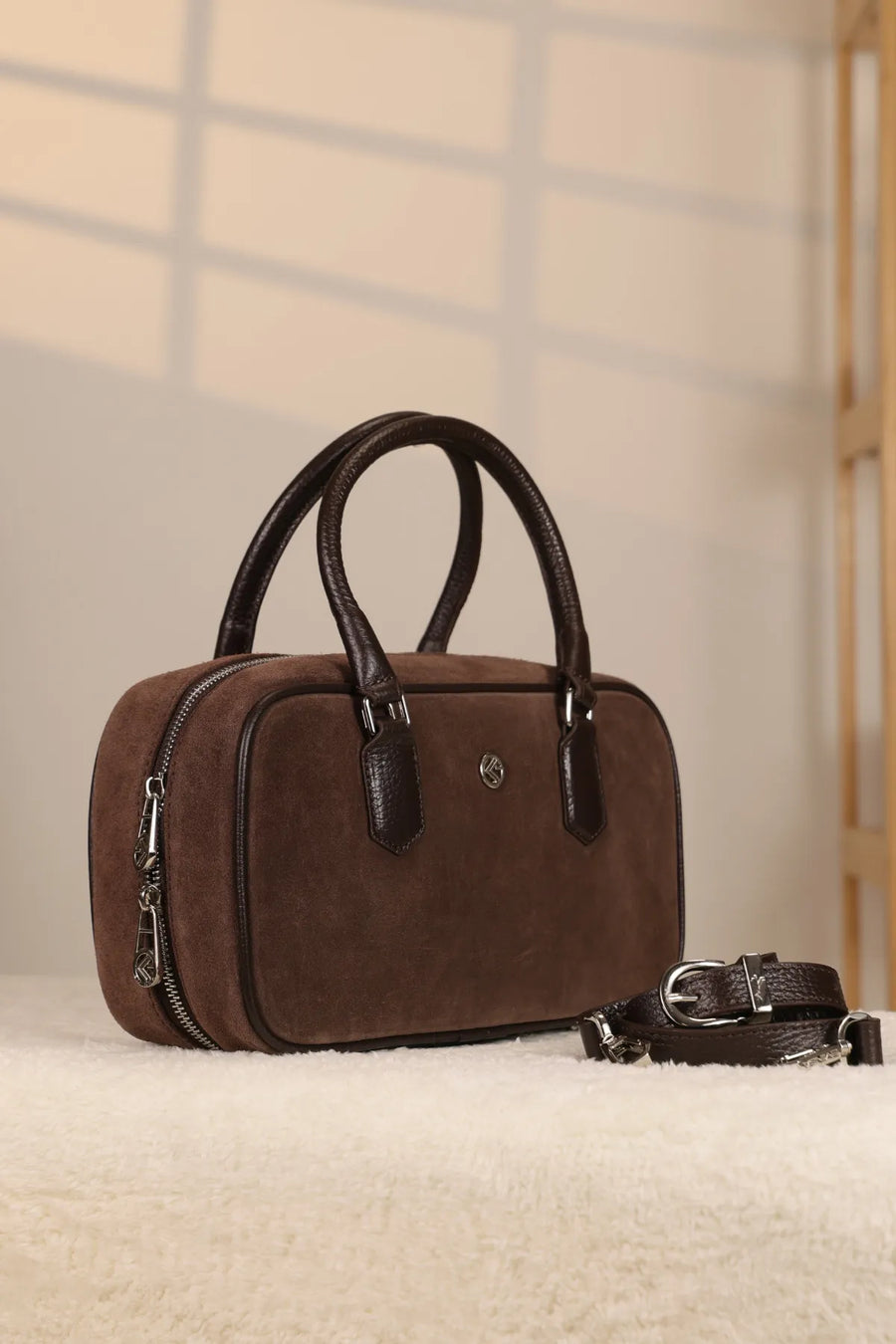 Brown Suede Handbag and Shoulder Bag - Bag, Genuine Leather, With Shoulder Strap 40445