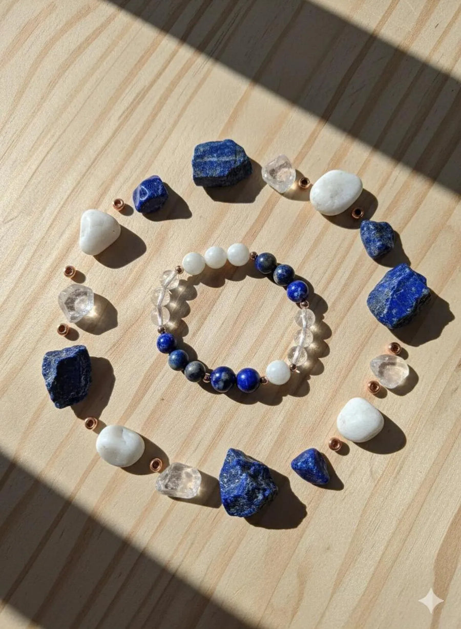 Kristal Kuvars - Ay Taşı - Lapis Lazuli Doğal Taş Bileklik , Takı , Hakiki Doğal Taş