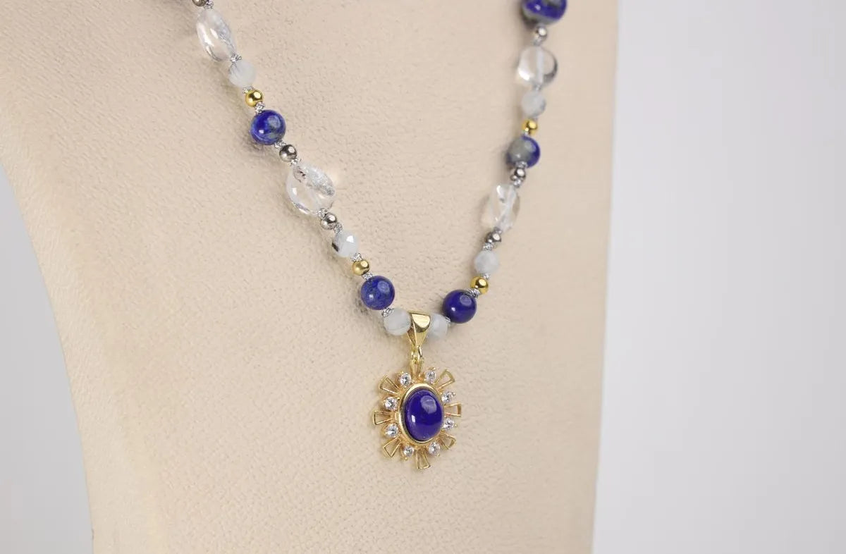 Lapis Lazuli - Quartz - Hematite Natural Stone 925 Silver Pendant - Necklace / Bracelet, Genuine Natural Stone, Jewelry — image 1