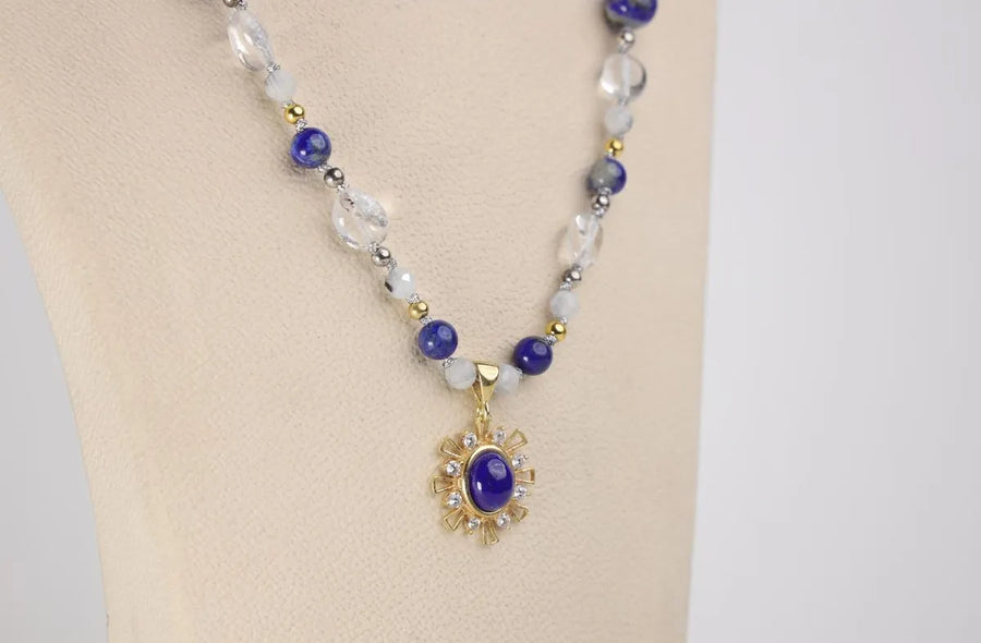 Lapis Lazuli - Kuvars - Hematit Doğal Taş 925 Gümüş Ucu - Kolye / Bileklik , Hakiki Doğal Taş , Takı