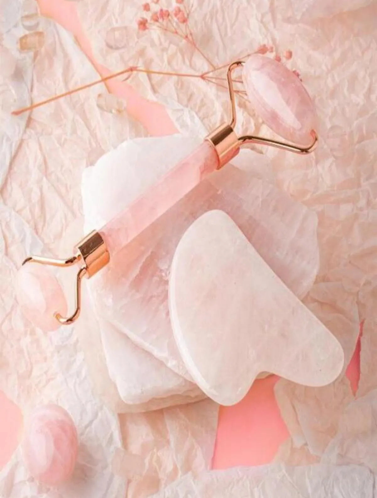 Pembe Kuvars Taşı Masaj Takımı - Roller ve Gua Sha Kaz Ayaklı Set — görsel 2