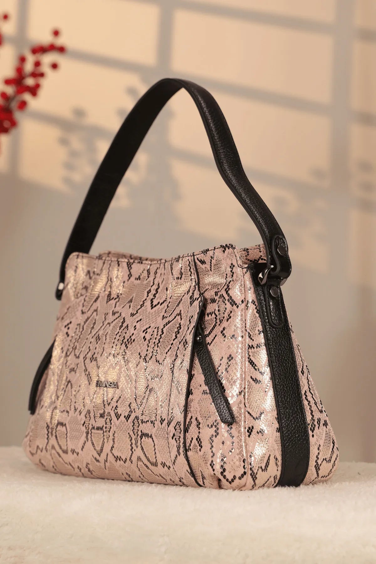 Pink Crocodile-Embossed Genuine Leather Bag - With Shoulder Strap — image 1