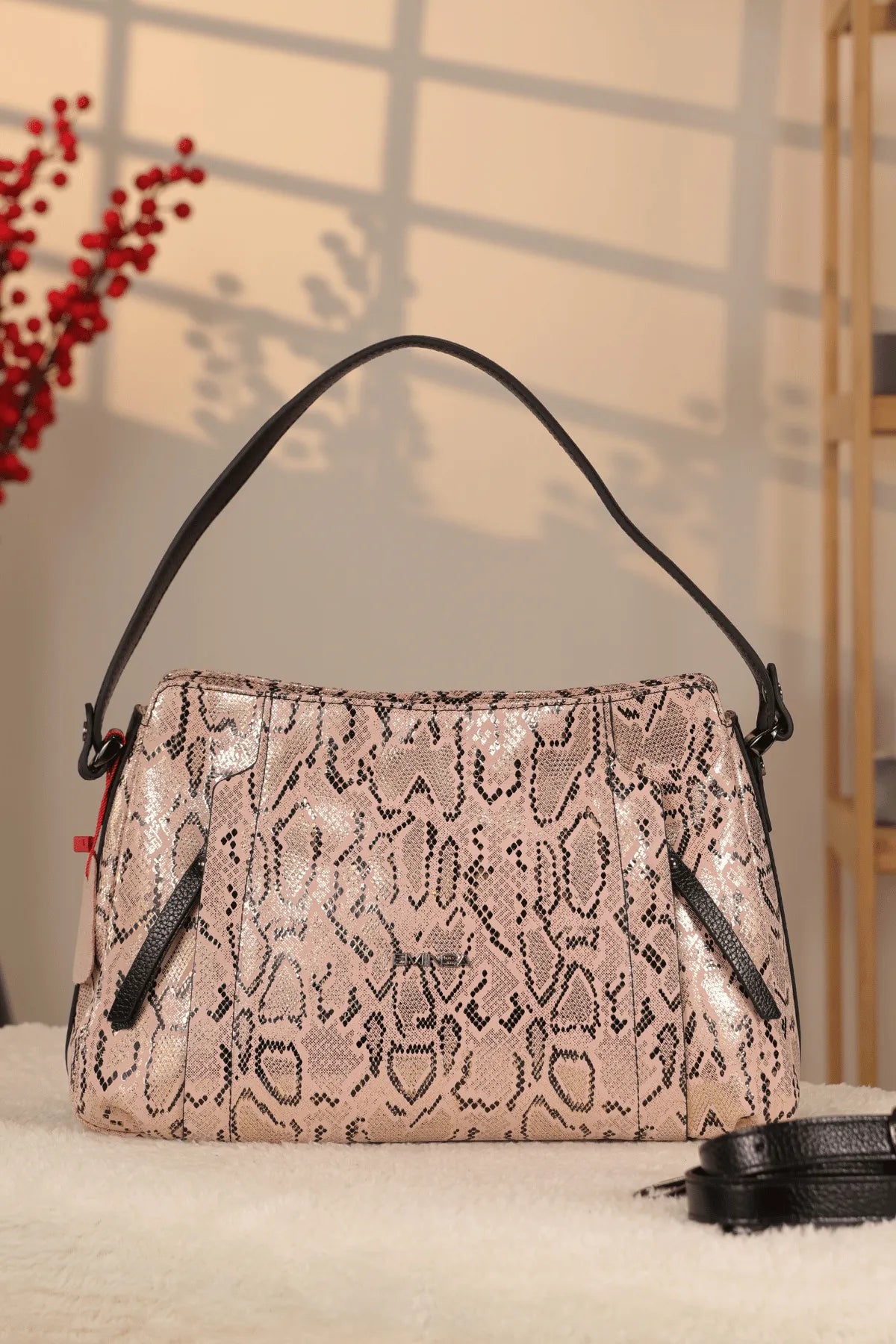 Pink Crocodile-Embossed Genuine Leather Bag - With Shoulder Strap — image 2
