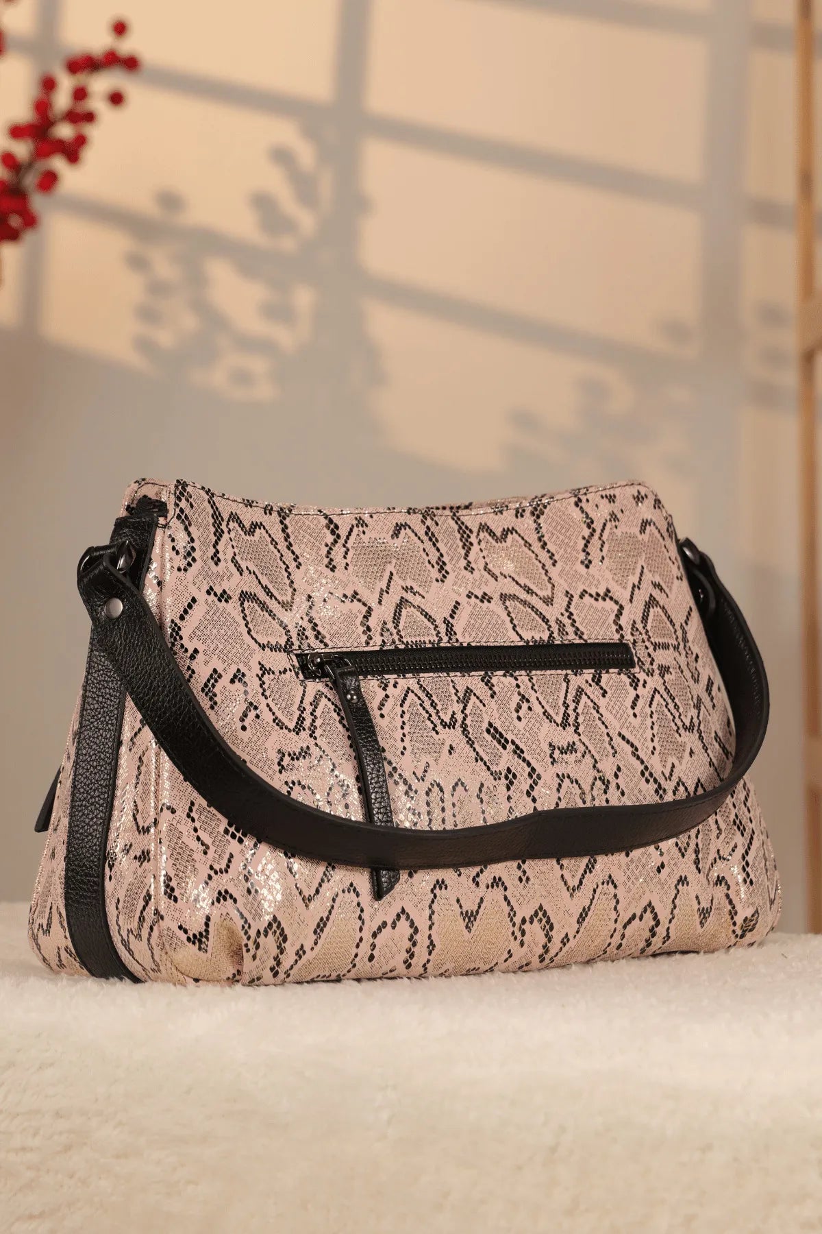 Pink Crocodile-Embossed Genuine Leather Bag - With Shoulder Strap — image 4