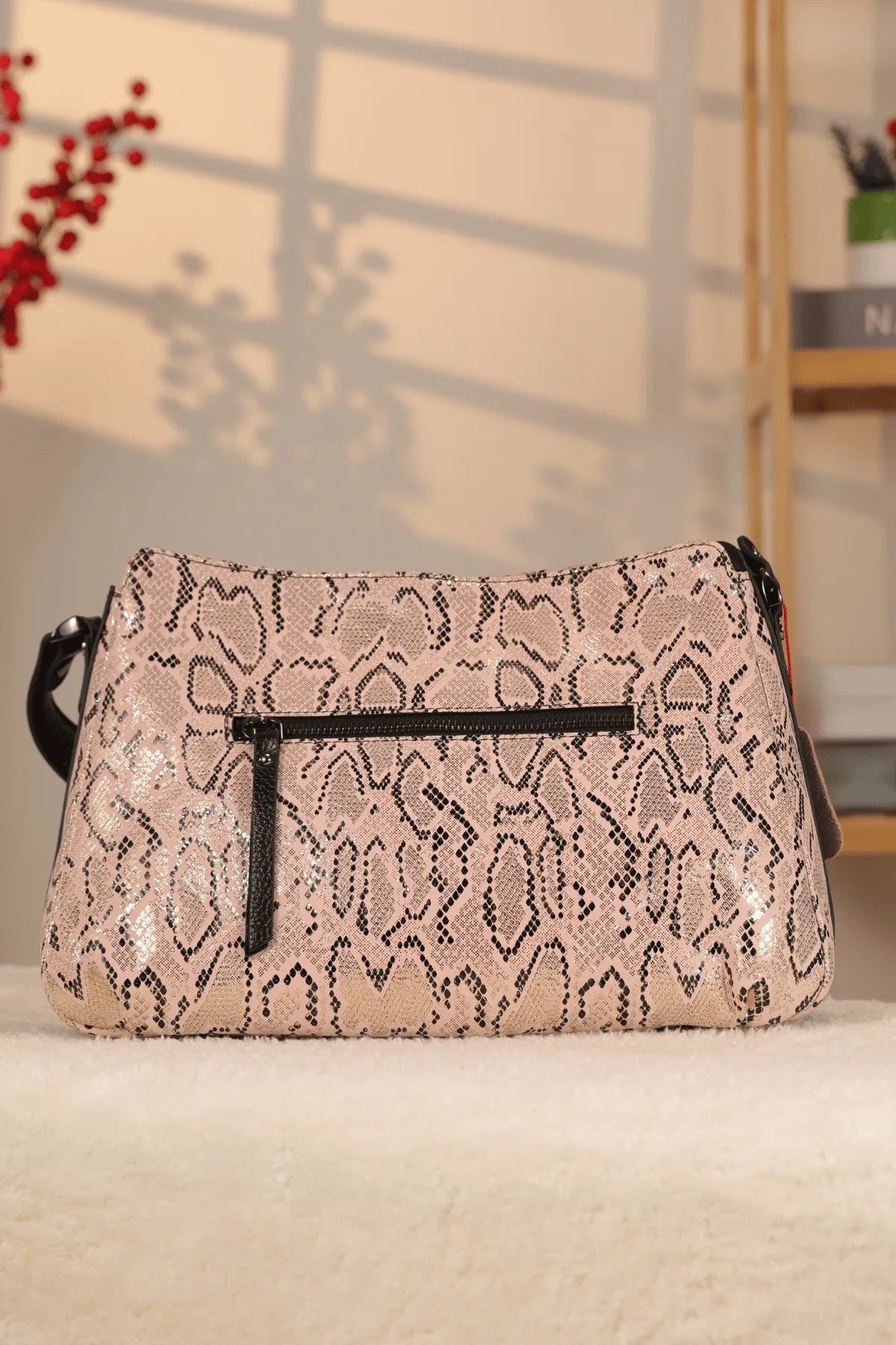 Pink Crocodile-Embossed Genuine Leather Bag - With Shoulder Strap — image 6