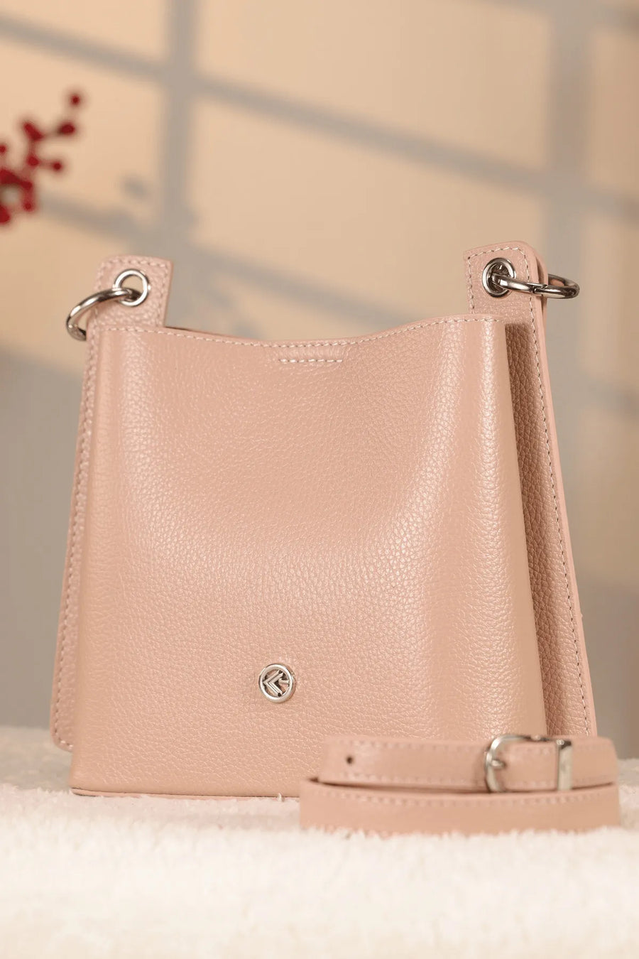 Rose Gold Hakiki Deri Çanta - Omuz Askılı ve İç Makyaj Çantalı