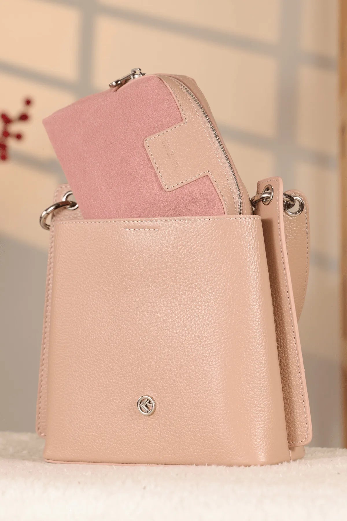 Rose Gold Genuine Leather Bag - With Shoulder Strap and With Inner Makeup Bag — image 3